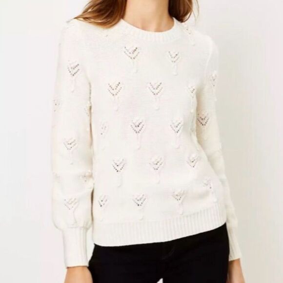 A.T. LOFT | Women's Bobble Pointelle Sweater Ivory Cream Blouson Sleeve | Large - Picture 1 of 10
